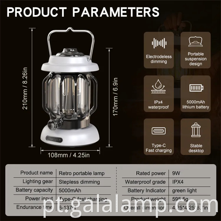 Lanterna LED de inspiração vintage para camping e segurança ao ar livre